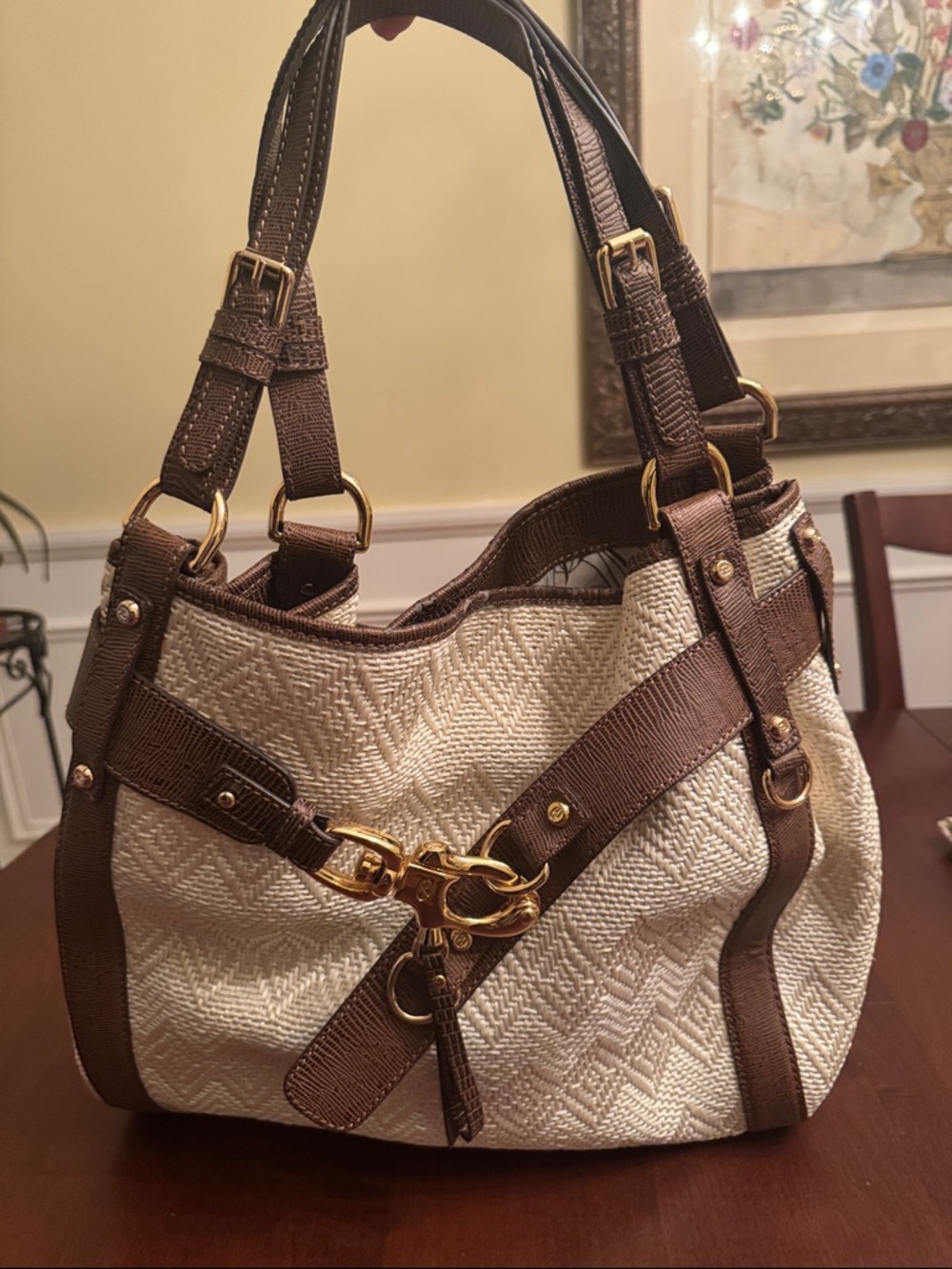 Francesco Biasia Cream and Brown Woven Tote with Gold Hardware